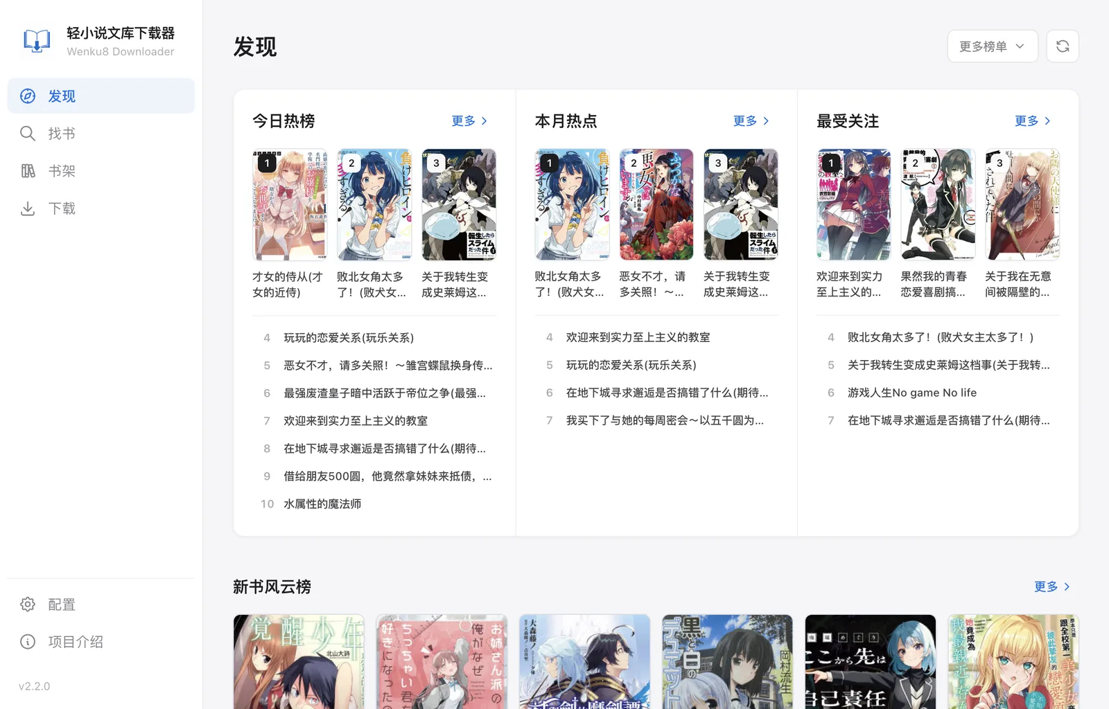 轻小说文库下载器发现页，展示热门榜单与新书推荐